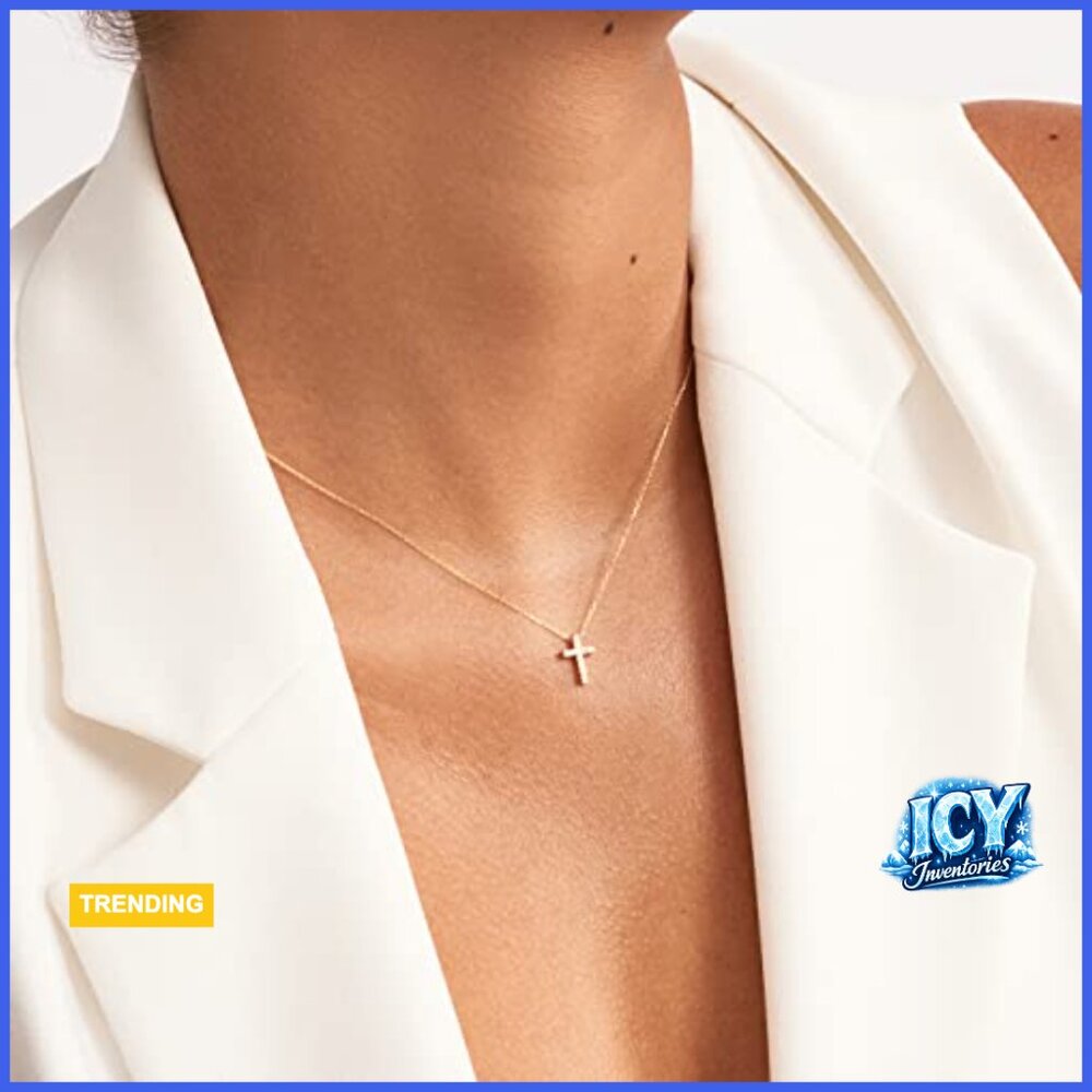 14K Solid Gold Diamond Cross Pendant Necklace, 18 Inch Chain - Picture 4 of 7